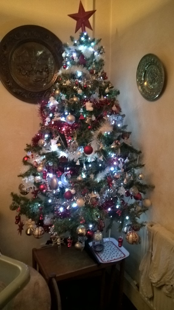 !st of December the tree goes up, second of December it came back down again on my head while I was trying to plug window lights in behind it, don't worry though no baubles were broken